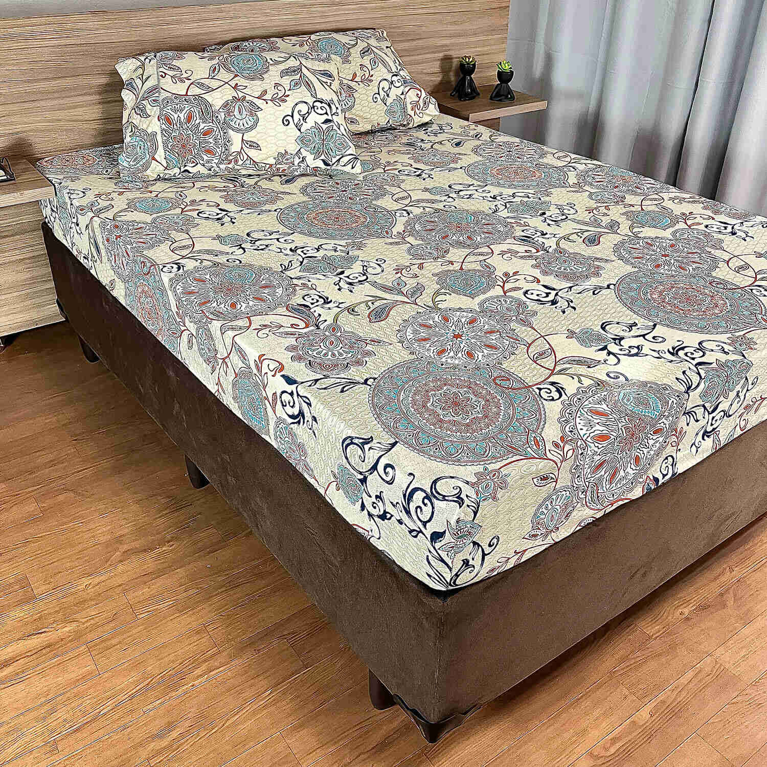 Jogo de lençol queen malha 100% algodão estampado Aruba